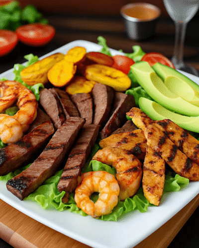 Saborea las fajitas triples de Los Amigos: carne, pollo y camarones, con aguacate y ensalada fresca. ¡El auténtico sabor salvadoreño en Forest Park!